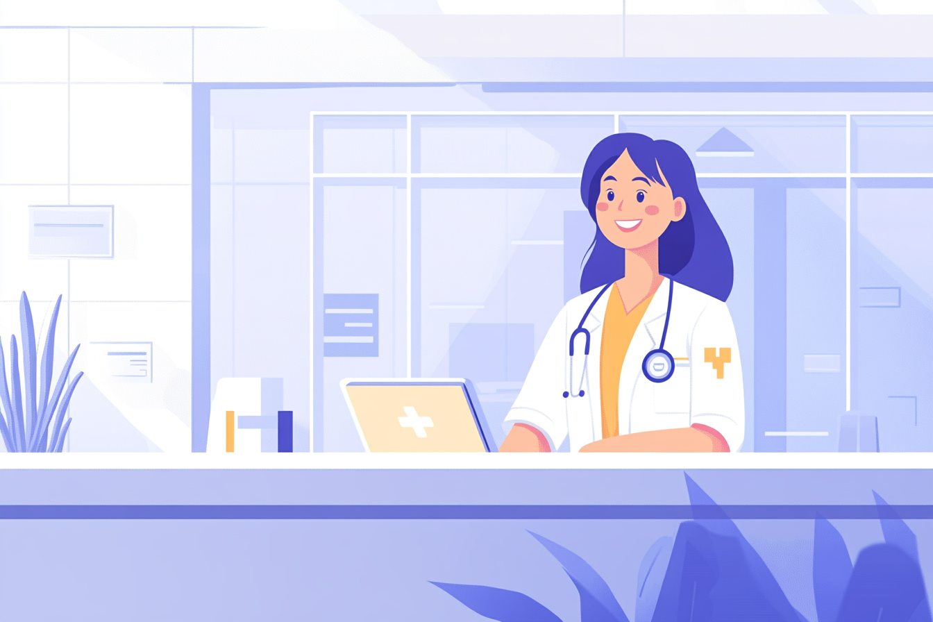 Happy Receptionist in a GP Surgery - supported by AI tech